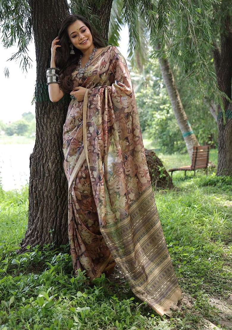 Brown Embroidered Blended Saree Set for Diwali and Festive Wear - Indya