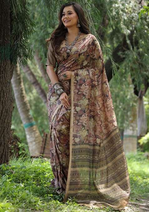 Brown Embroidered Blended Saree Set for Diwali and Festive Wear