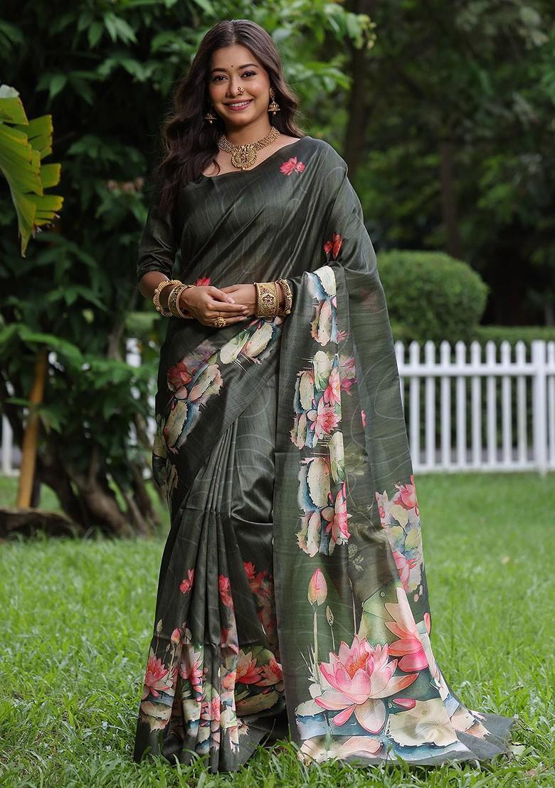 Olive Embroidered Blended Saree Set - Indya