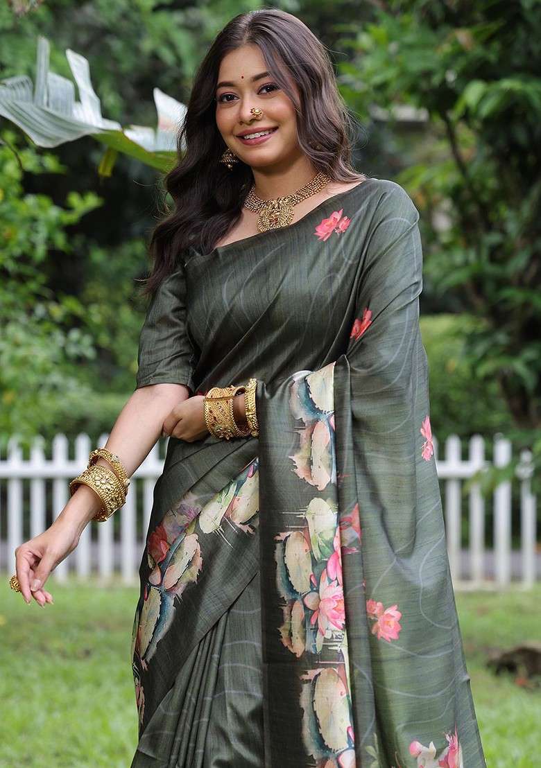 Olive Embroidered Blended Saree Set for Diwali and Festive Wear - Indya