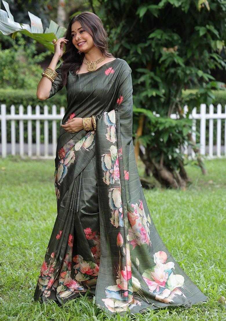 Olive Embroidered Blended Saree Set - Indya