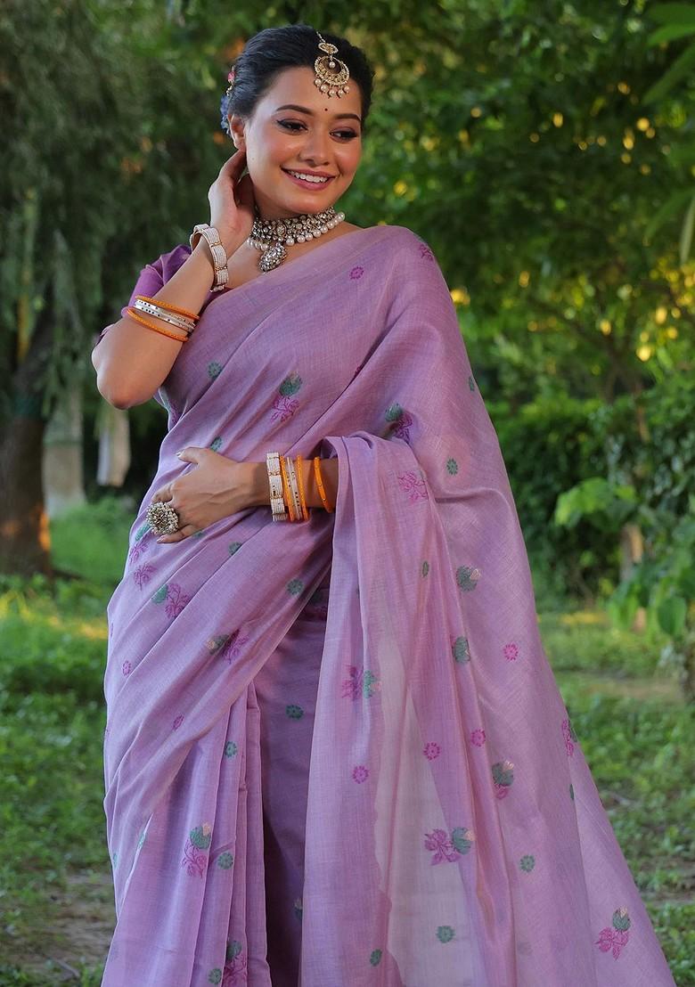 Lavender Embroidered Blended Saree Set - Indya