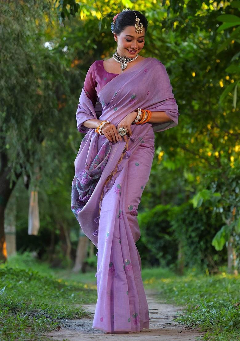 Lavender Embroidered Blended Saree Set - Indya
