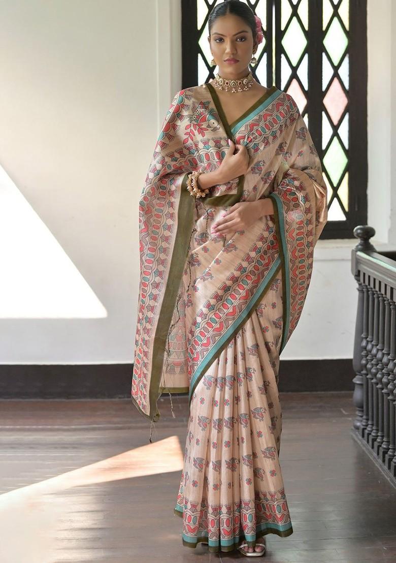 Olive Embroidered Blended Saree Set - Indya