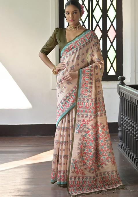 Olive Embroidered Blended Saree Set