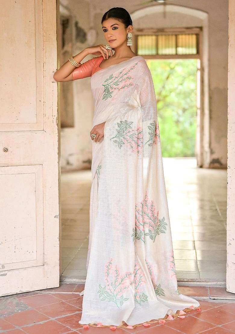 White Blended Saree Set with Embroidered for Diwali | Wedding & Festive Wear - Indya