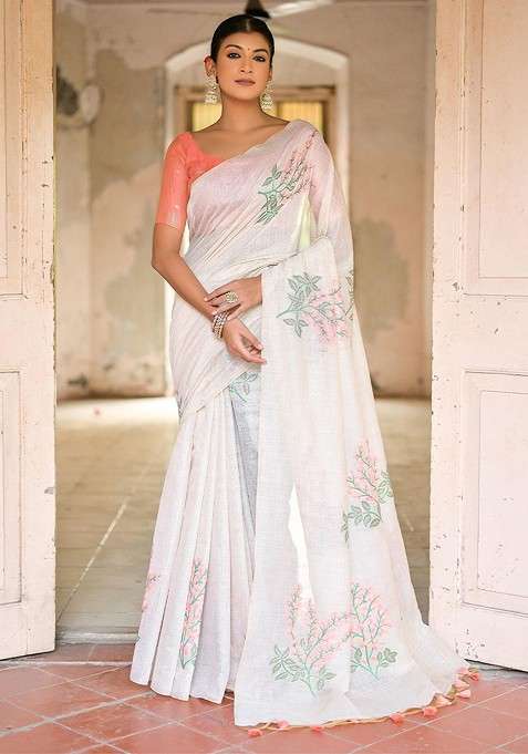 White Blended Saree Set with Embroidered for Diwali | Wedding & Festive Wear
