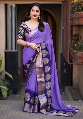 Lavender Embroidered Blended Saree Set