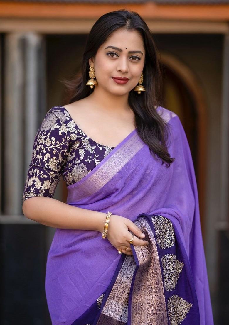 Lavender Embroidered Blended Saree Set - Indya