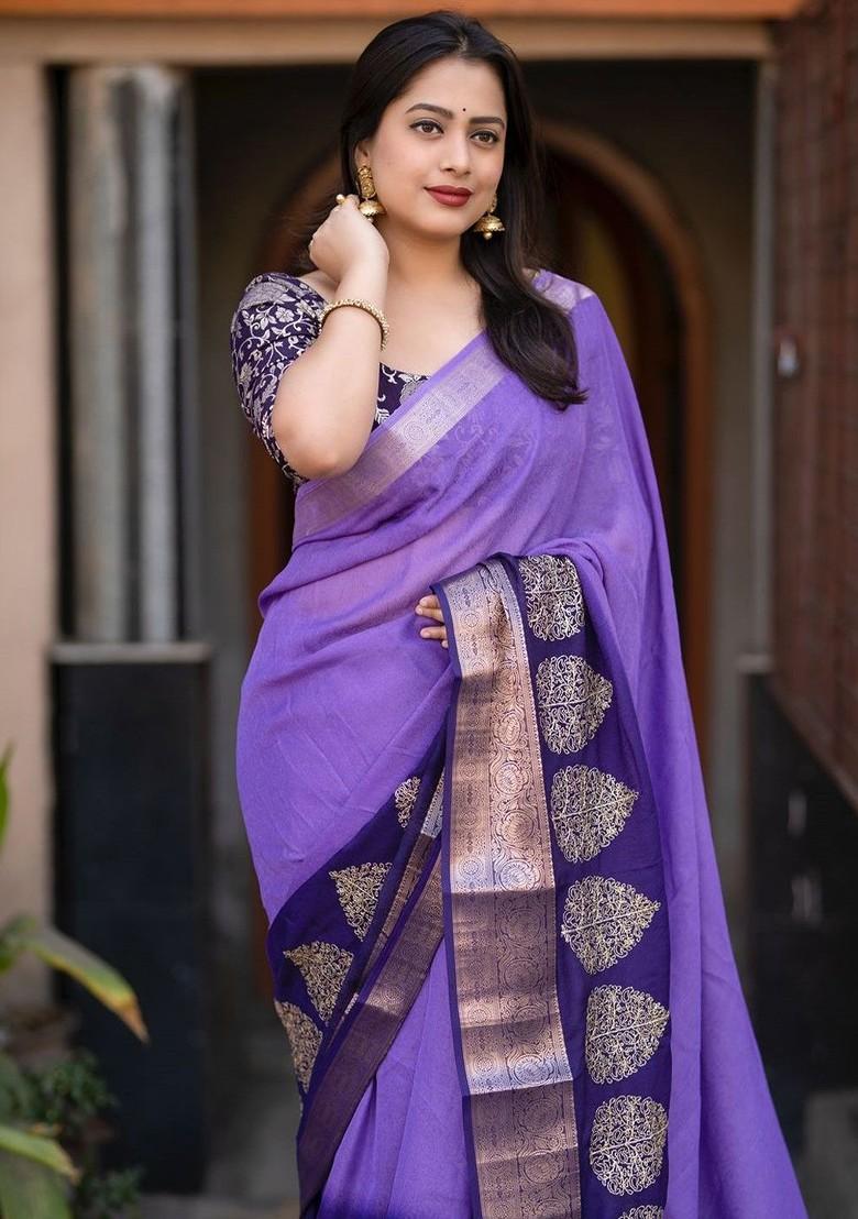 Lavender Embroidered Blended Saree Set - Indya