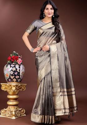 Grey Embroidered Blended Saree Set