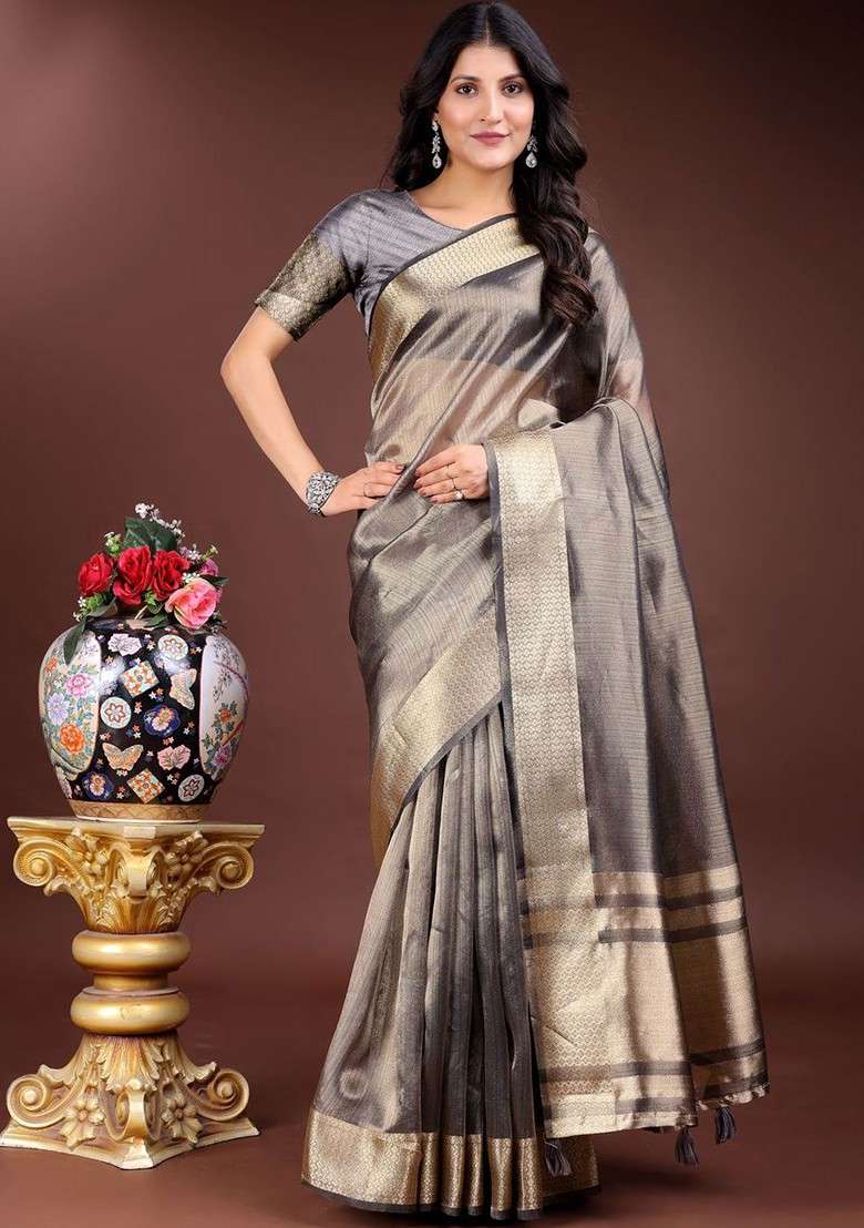 Grey Embroidered Blended Saree Set - Indya