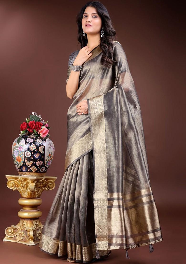 Grey Embroidered Blended Saree Set - Indya