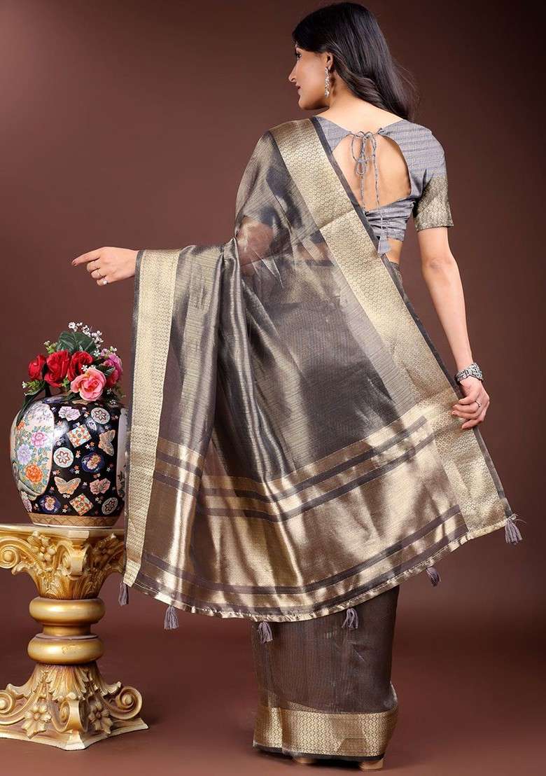 Grey Embroidered Blended Saree Set - Indya