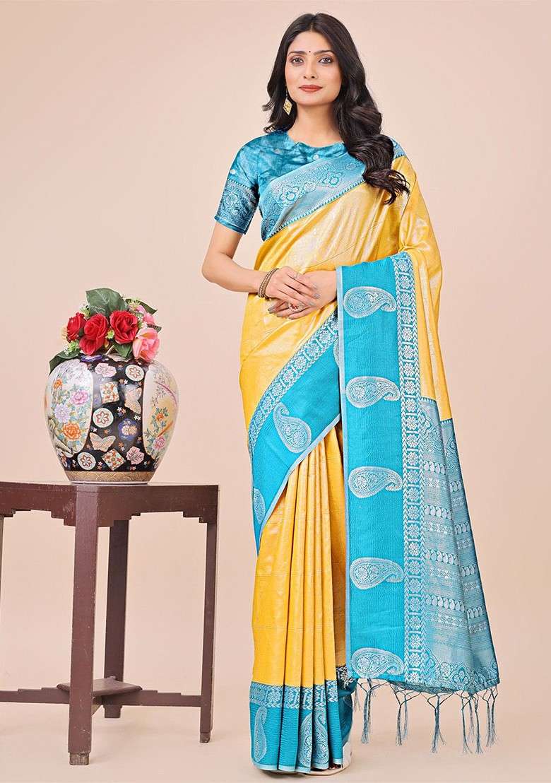 Yellow Embroidered Blended Saree Set - Indya