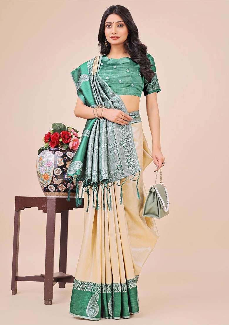 Cream Embroidered Blended Saree Set - Indya