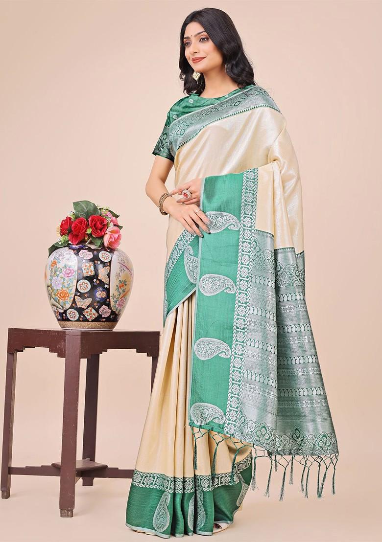 Cream Embroidered Blended Saree Set - Indya
