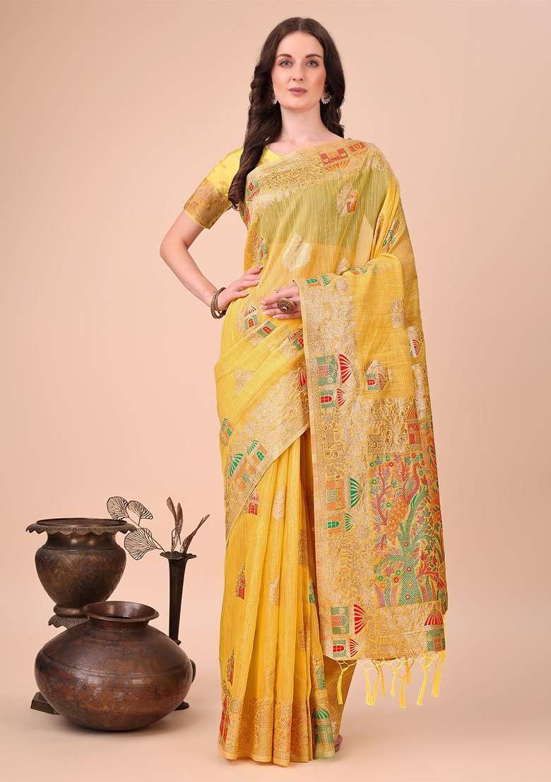Yellow Embroidered Blended Saree Set for Diwali and Festive Wear - Indya