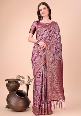 Purple Embroidered Blended Saree Set