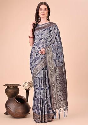 Grey Embroidered Blended Saree Set