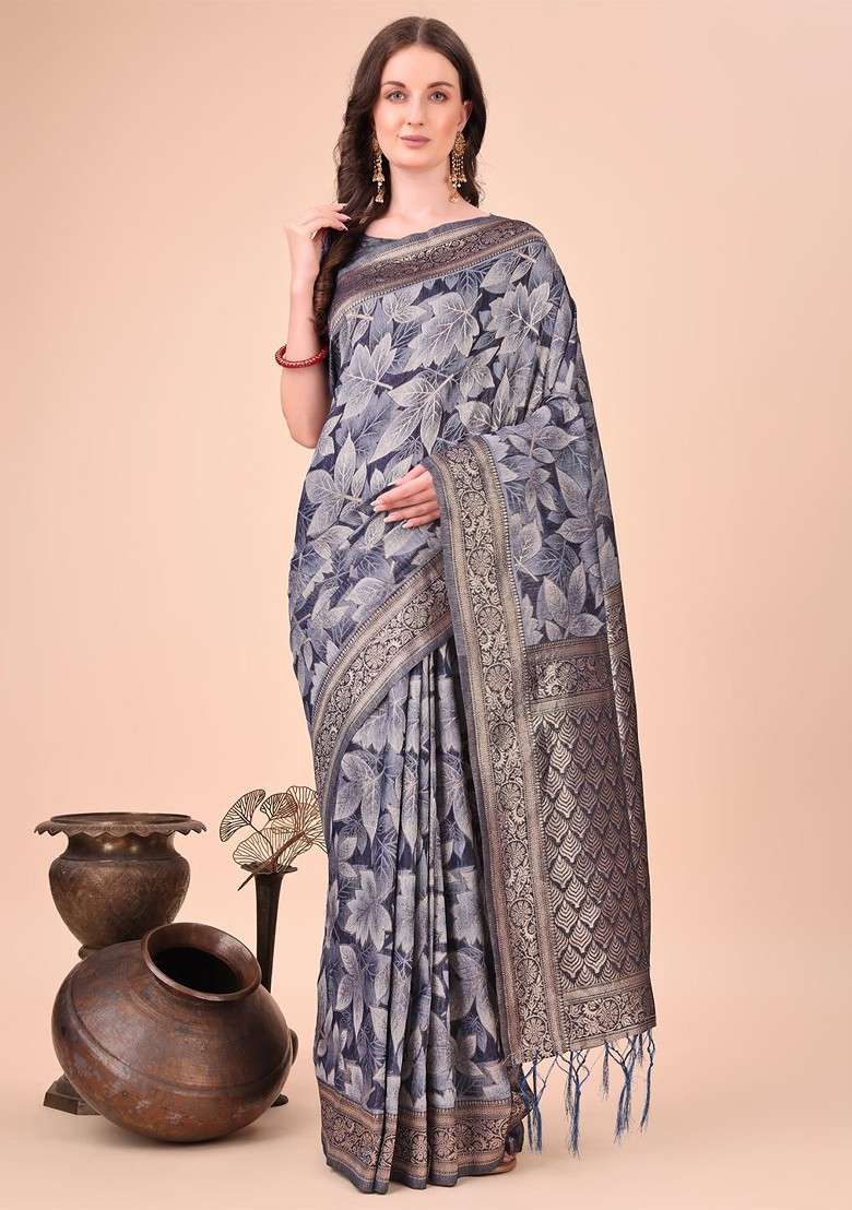 Grey Embroidered Blended Saree Set - Indya