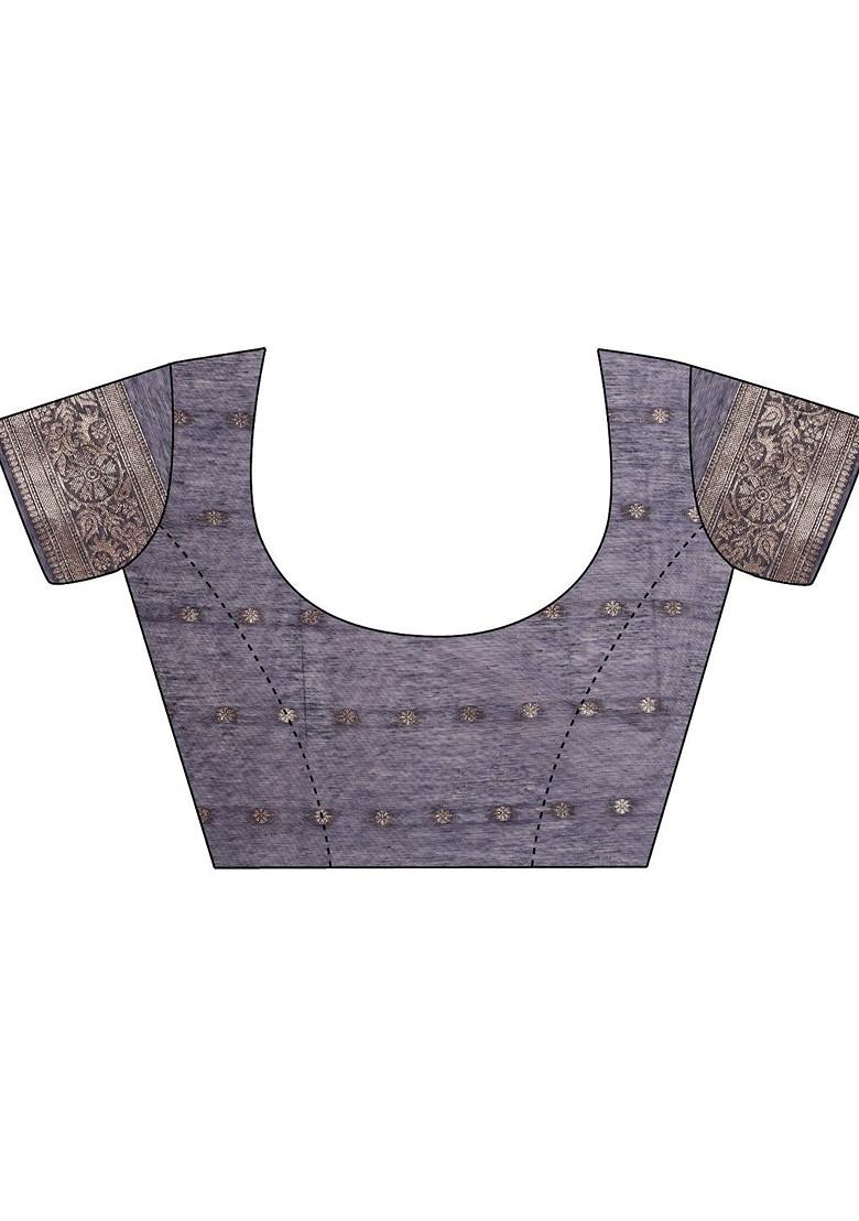 Grey Embroidered Blended Saree Set - Indya