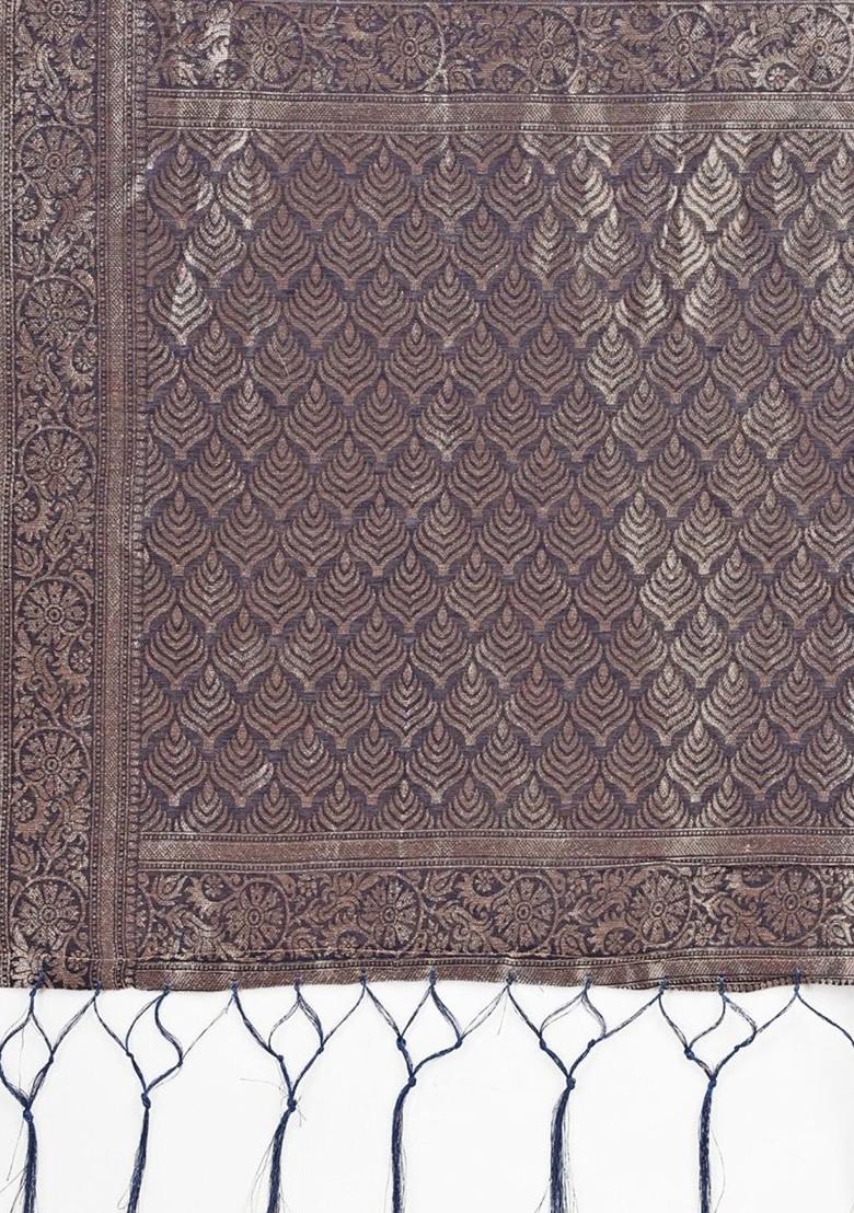 Grey Embroidered Blended Saree Set - Indya