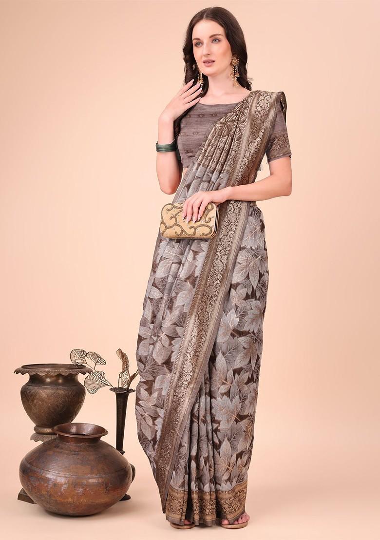 Brown Embroidered Blended Saree Set - Indya
