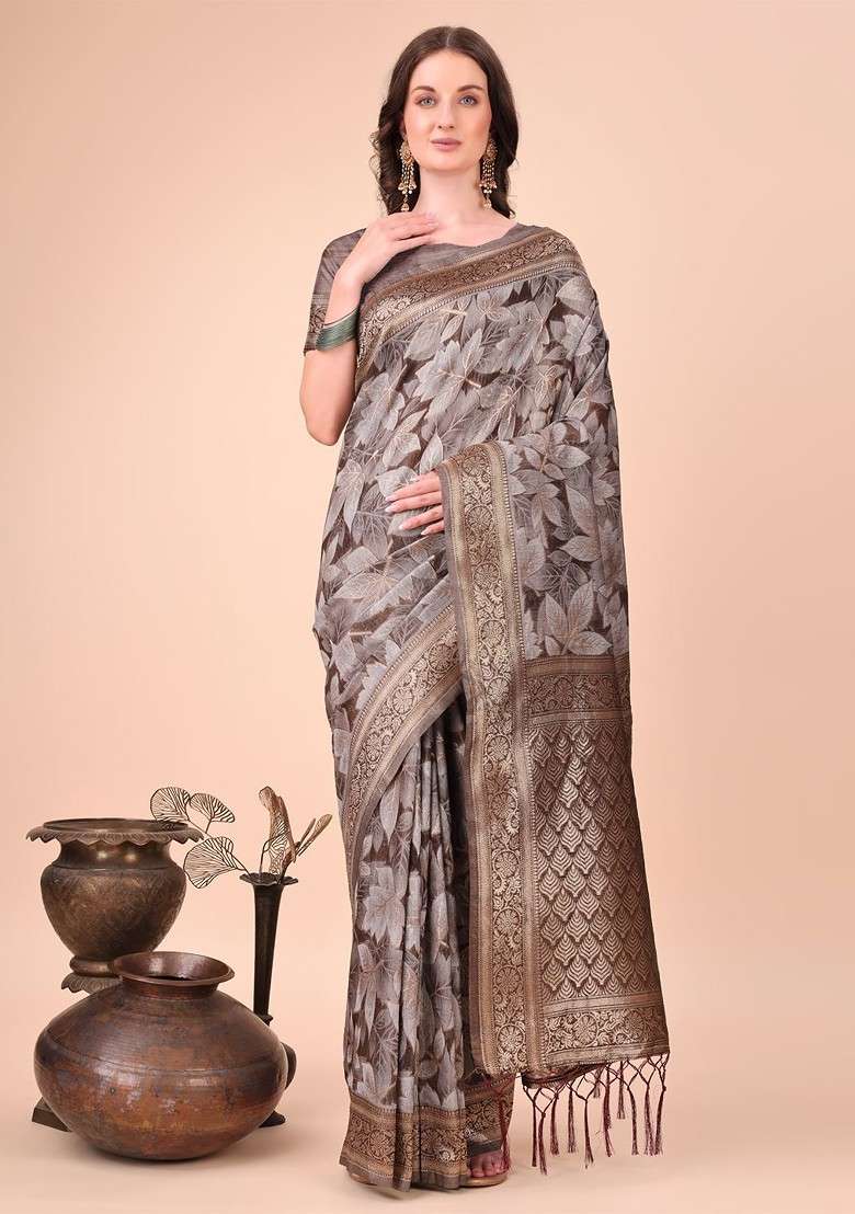Brown Embroidered Blended Saree Set - Indya