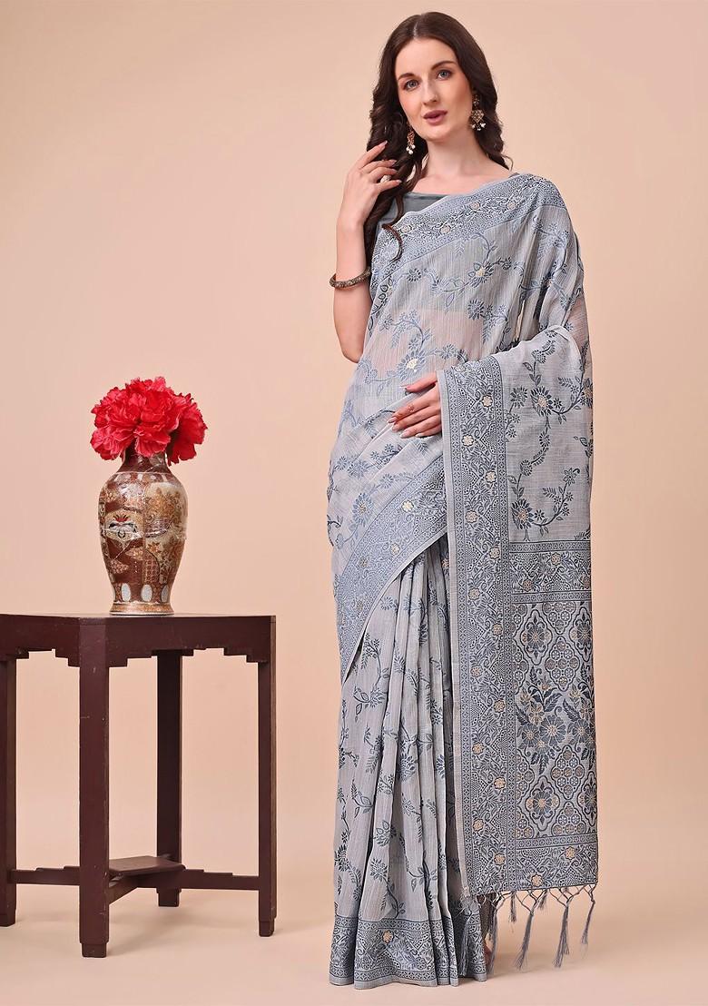 Grey Embroidered Blended Saree Set - Indya