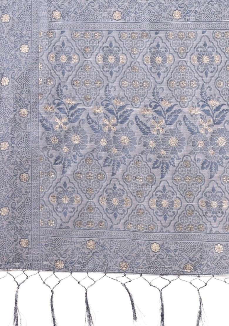 Grey Embroidered Blended Saree Set - Indya