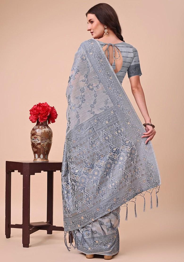 Grey Embroidered Blended Saree Set - Indya