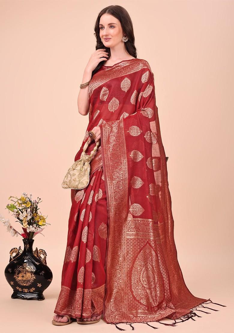 Red Embroidered Blended Saree Set