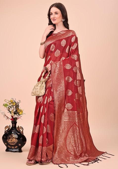 Red Embroidered Blended Saree Set