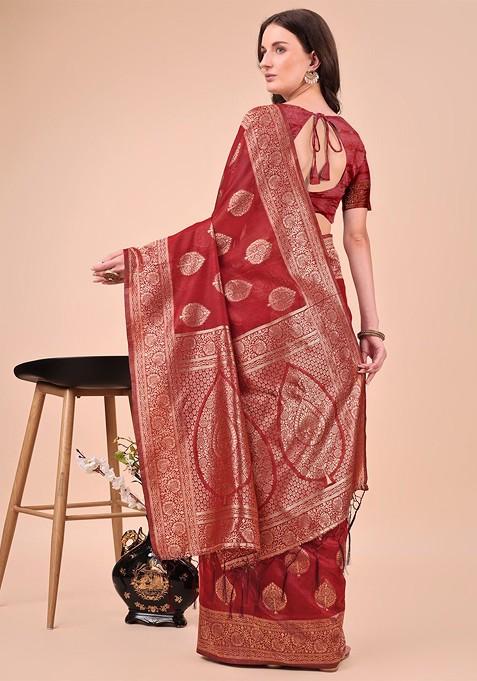 Red Embroidered Blended Saree Set