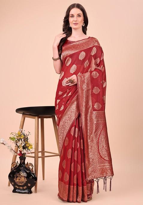 Red Embroidered Blended Saree Set