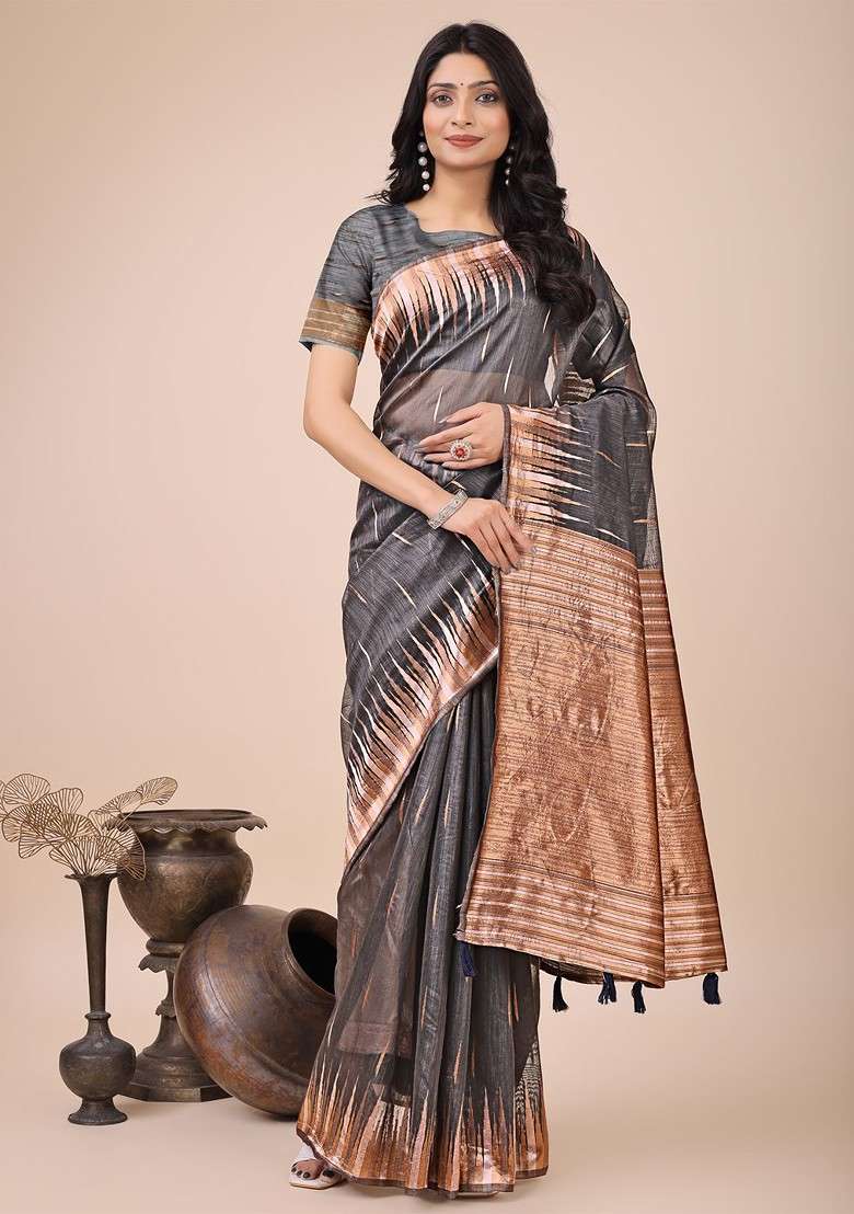 Grey Embroidered Blended Saree Set - Indya