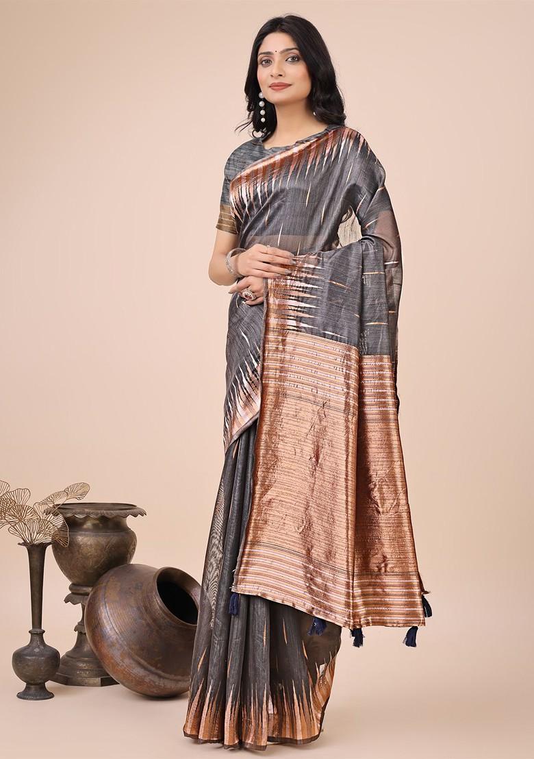Grey Embroidered Blended Saree Set - Indya