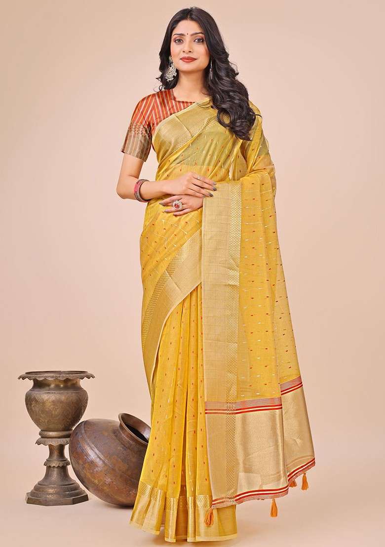 Yellow Embroidered Blended Saree Set - Indya