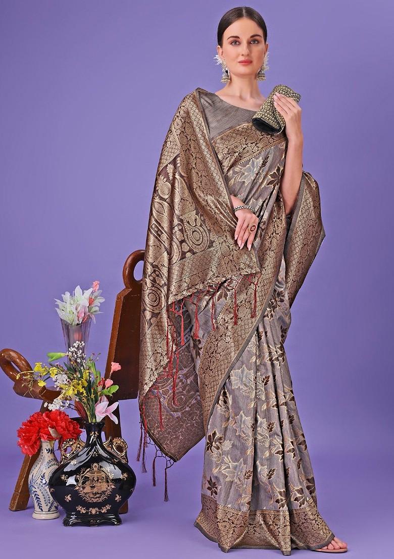 Grey Embroidered Blended Saree Set - Indya