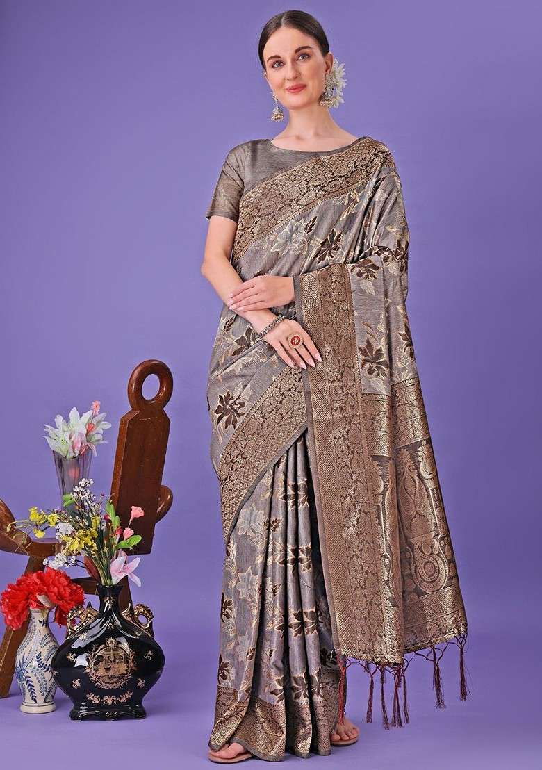 Grey Embroidered Blended Saree Set - Indya