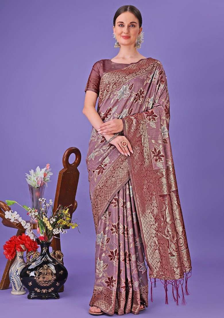 Brown Embroidered Blended Saree Set - Indya