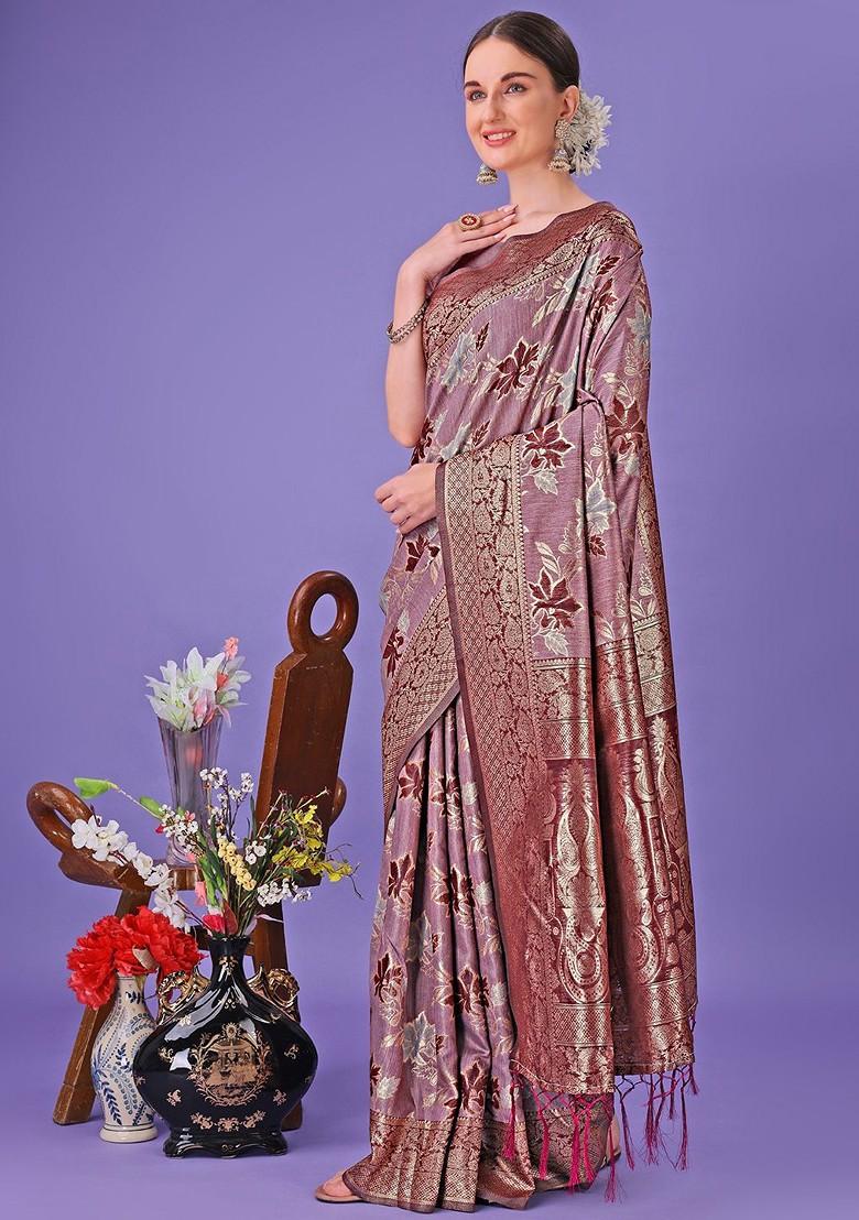 Brown Embroidered Blended Saree Set - Indya