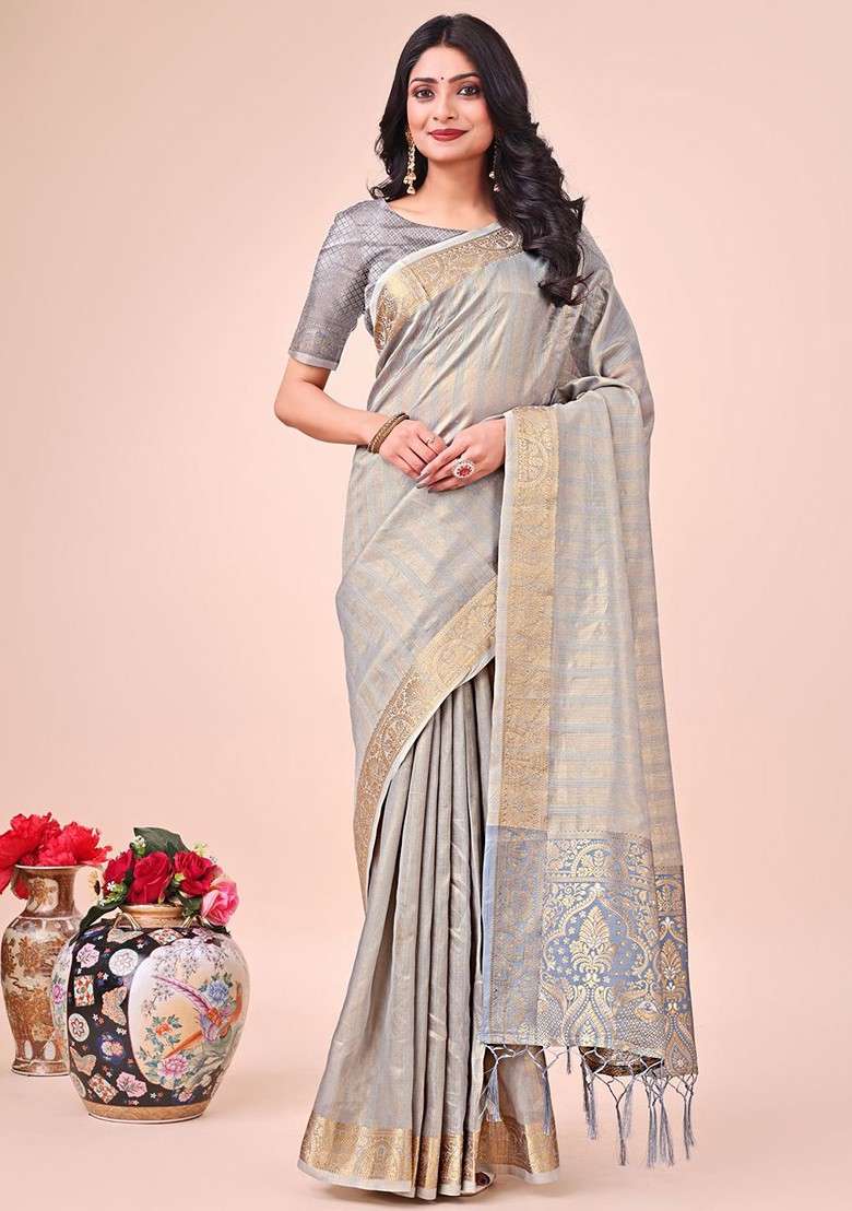Grey Embroidered Blended Saree Set - Indya