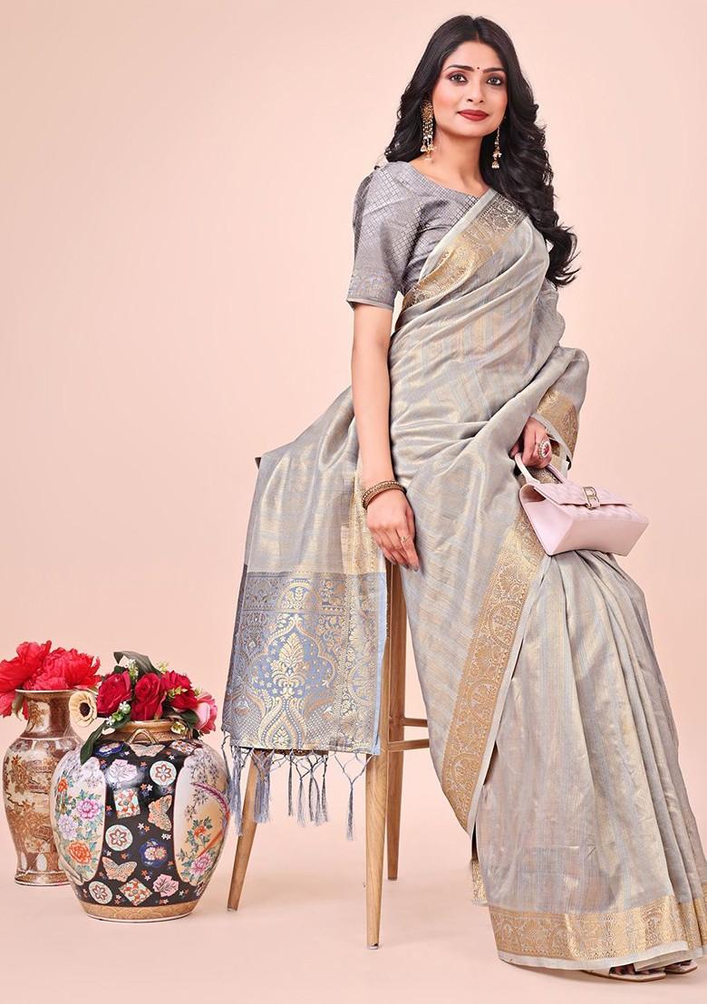 Grey Embroidered Blended Saree Set - Indya