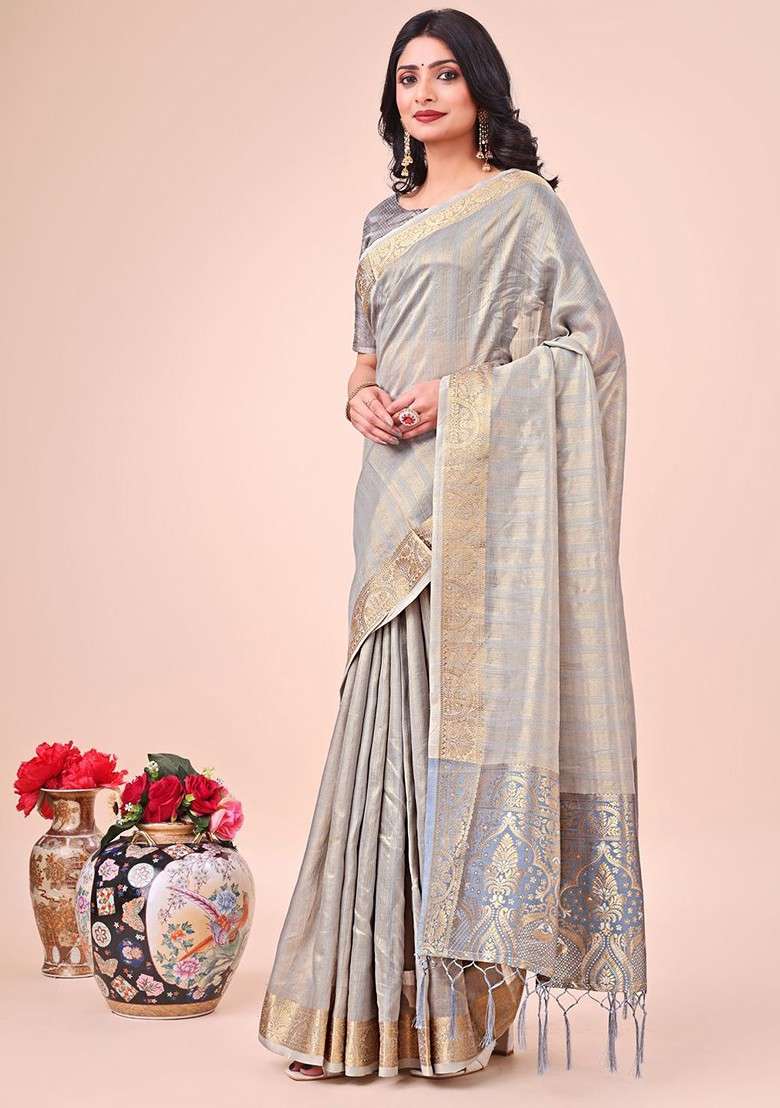 Grey Embroidered Blended Saree Set - Indya