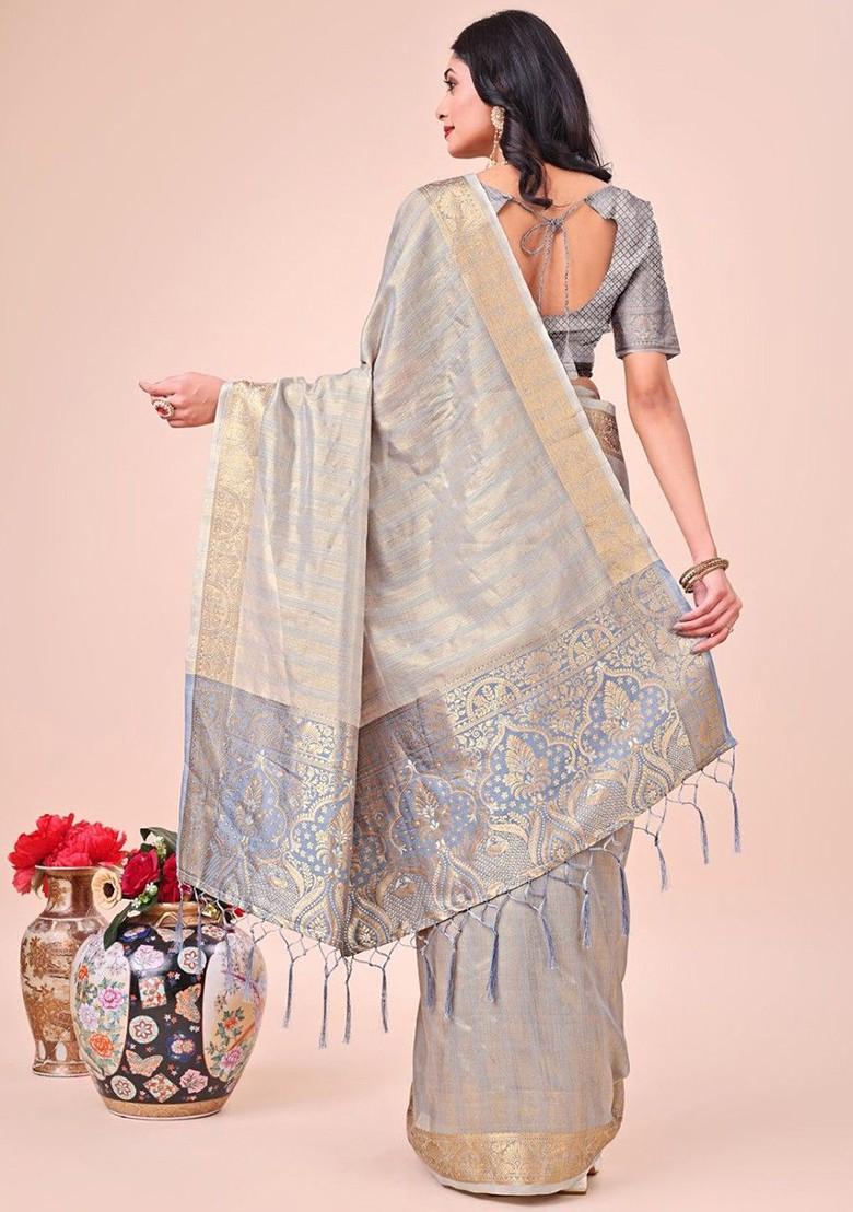 Grey Embroidered Blended Saree Set - Indya