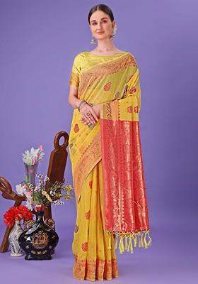 Yellow Embroidered Blended Saree Set