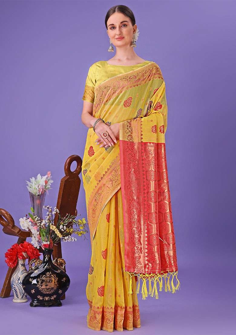 Yellow Embroidered Blended Saree Set - Indya