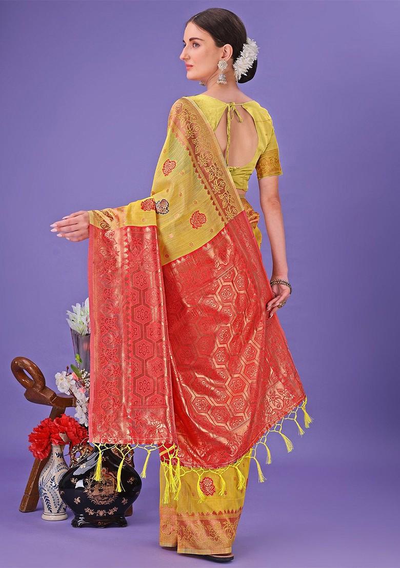 Yellow Embroidered Blended Saree Set - Indya